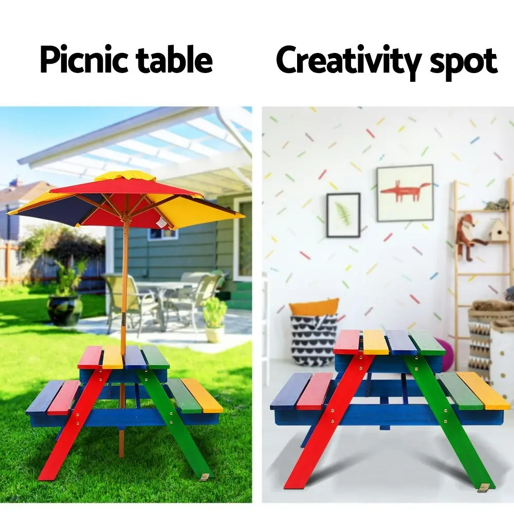 Keezi Kids Outdoor Table and Chairs Picnic Bench Set Umbrella Colourful