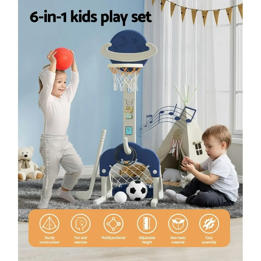 Keezi Kids Basketball Hoop Stand Adjustable 6-in-1 Sports Center Toys Set Blue