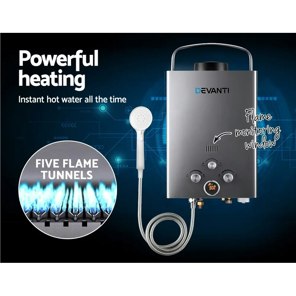 Devanti Portable Gas Water Heater 8L/Min LPG System Grey