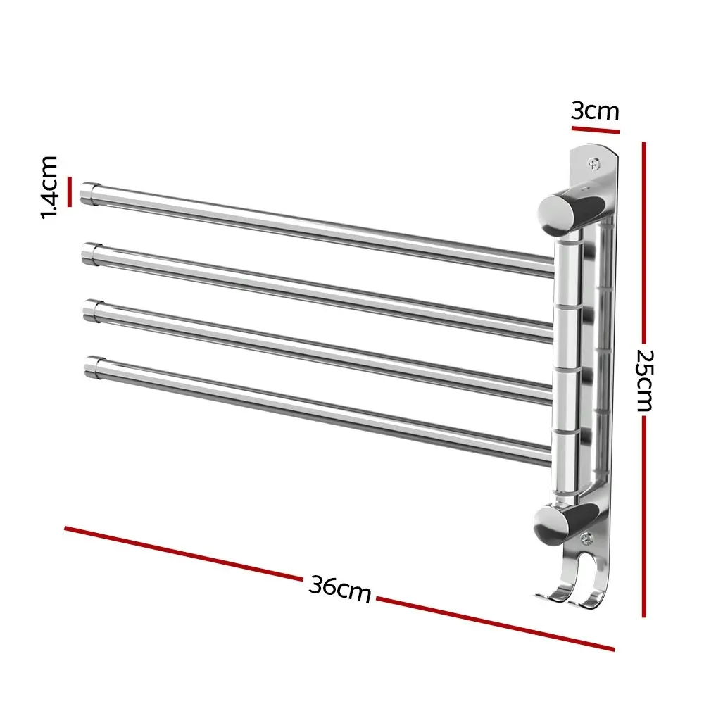 Towel Rail Rack Holder 4 Bars Wall Mounted Stainless Steel Swivel Hanging Hook