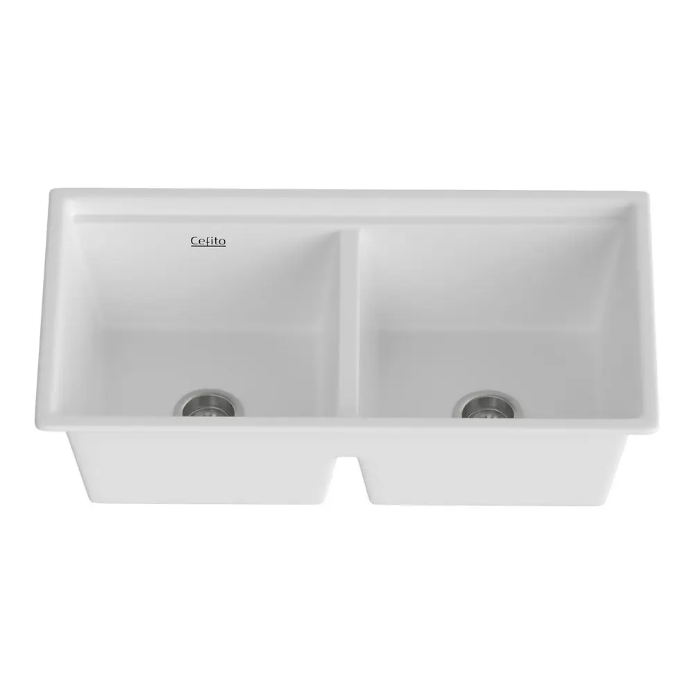 Cefito Kitchen Sink Stone Sink Granite Laundry Basin Double Bowl 79cmx46cm White