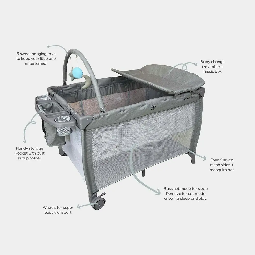 Babystudio 8-in-1 Portacot Play Yard/Travel Cot Crib w/ Toy Bar/Mattress Grey