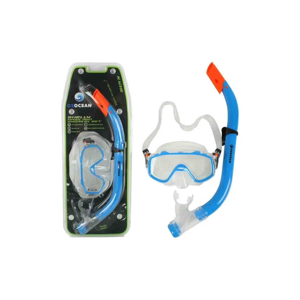 2pc Oz Ocean Shelly Kids Swimming Adjustable Goggles Mask & Snorkel Set Blue