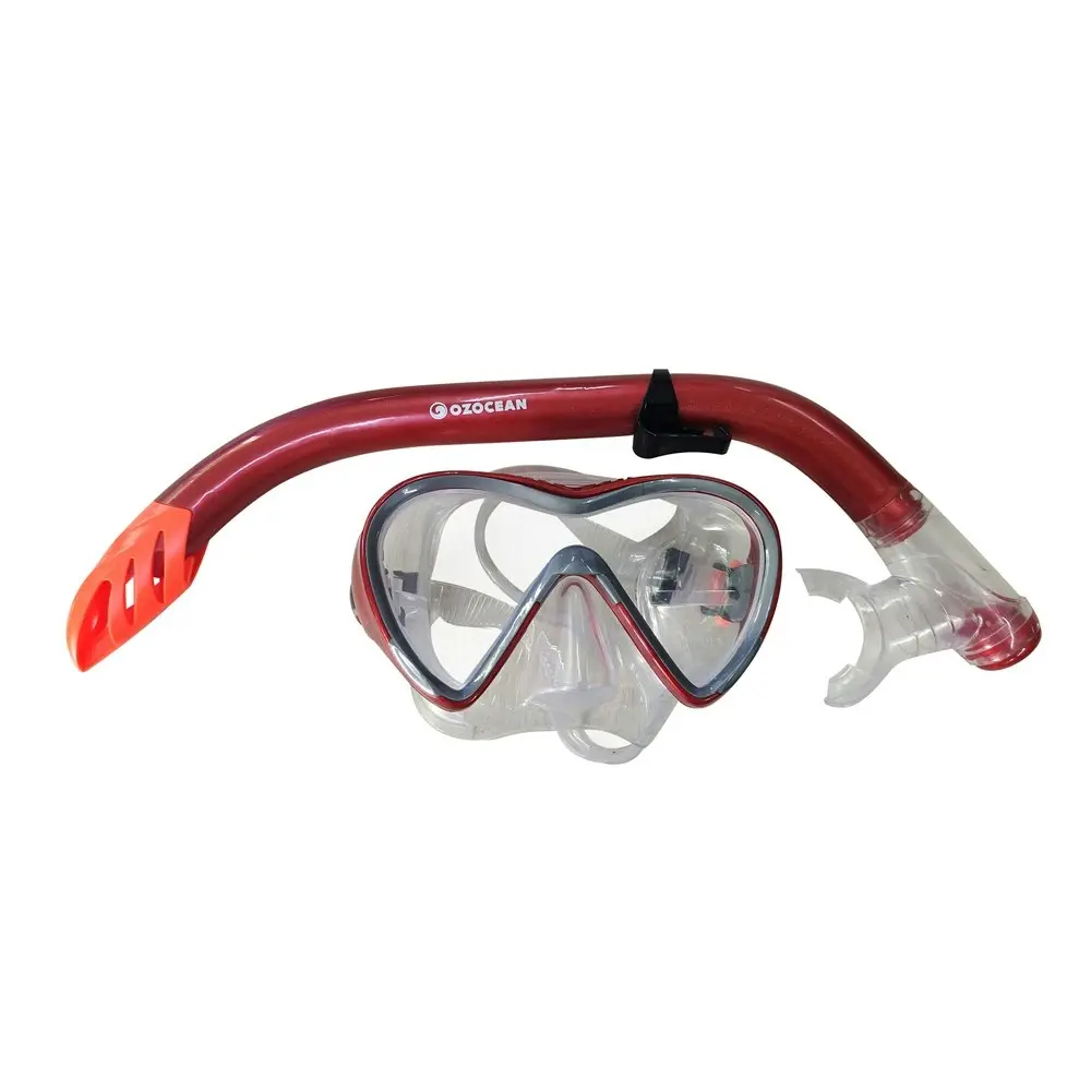 2pc Oz Ocean Mettams Adults Swimming Adjustable Goggles Mask & Snorkel Set Red