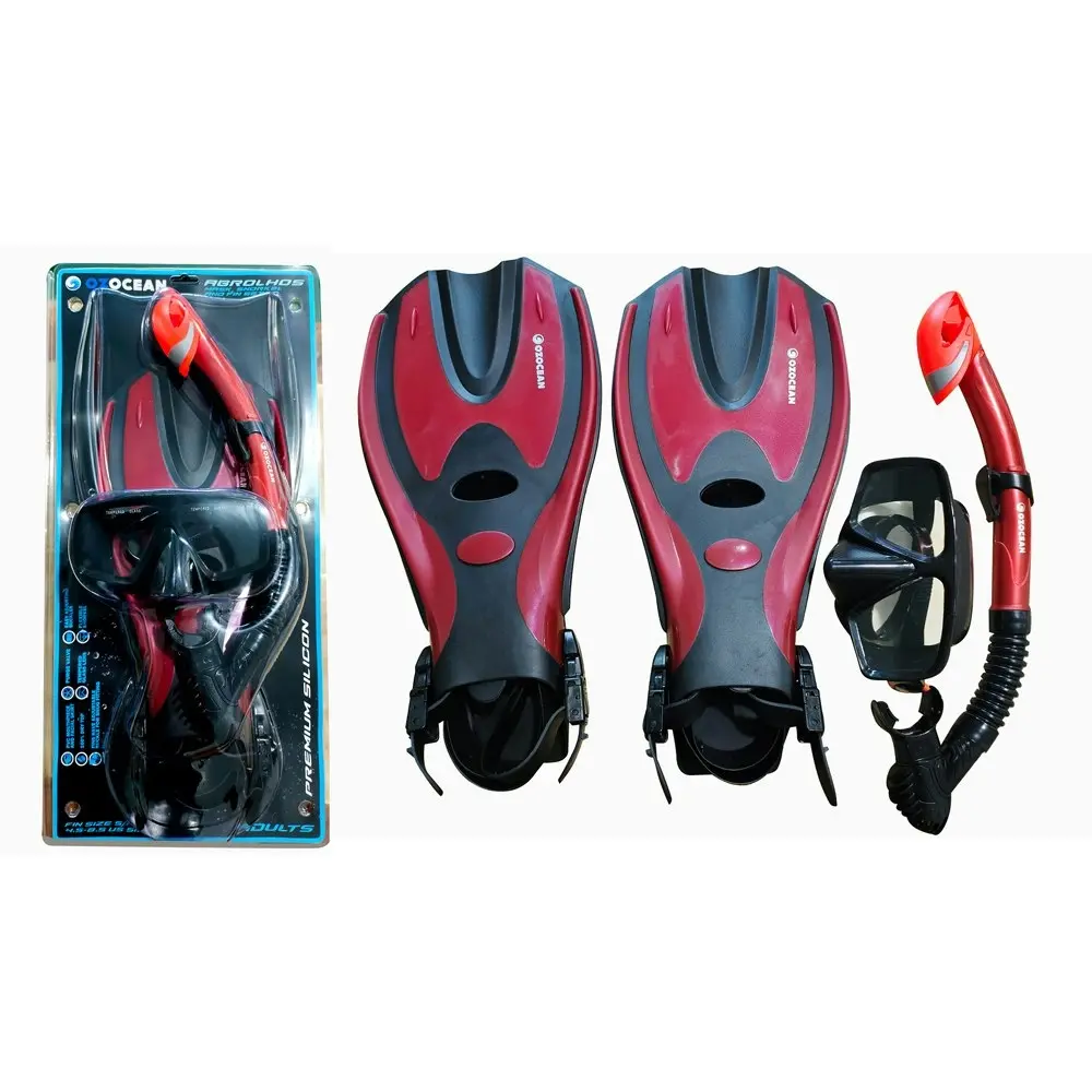 4pc Oz Ocean Abrolhos Adults Swimming Goggles Mask/Snorkel/Fin Set L-XL Red/BLK