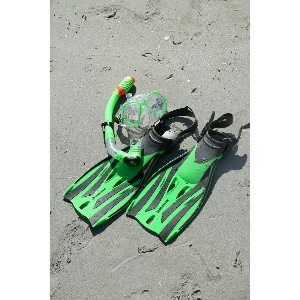 4pc Oz Ocean Tangal Ooma Kids Mask Swimming Beach Snorkel & Fin Set L-XL Green