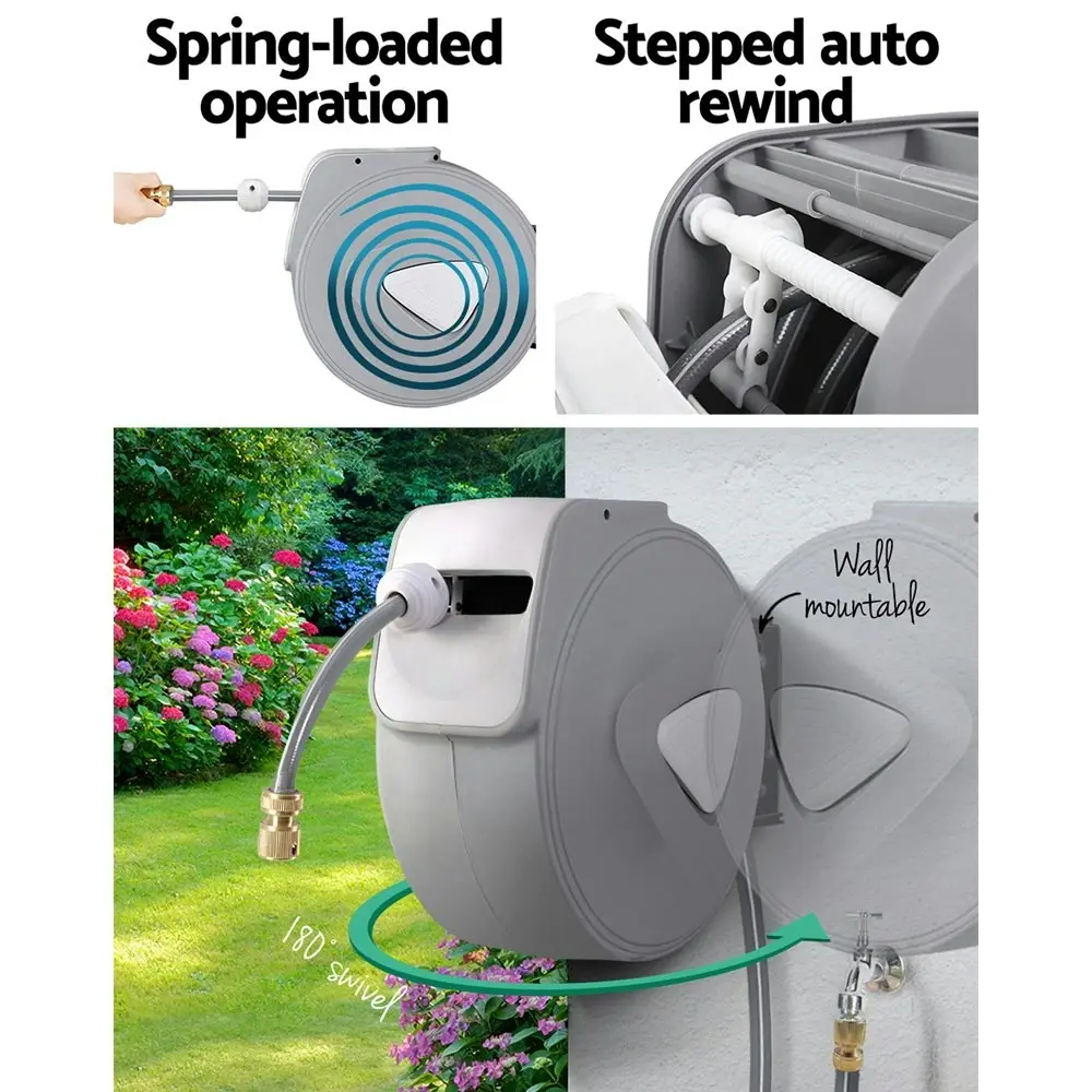 Water Hose Reel 30M Retractable Garden Auto Rewind Brass Spray Gun