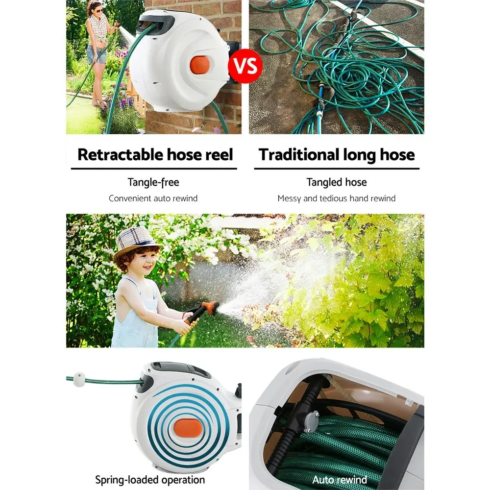 Greenfingers Water Hose Reel 30M Retractable Garden Spray Gun Auto Rewind Wall