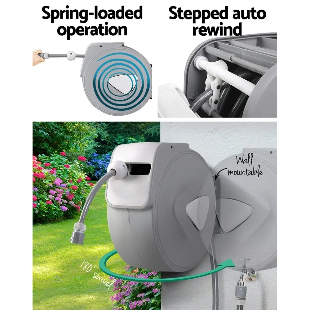 Water Hose Reel 30M Retractable Garden Auto Rewind Spray Gun