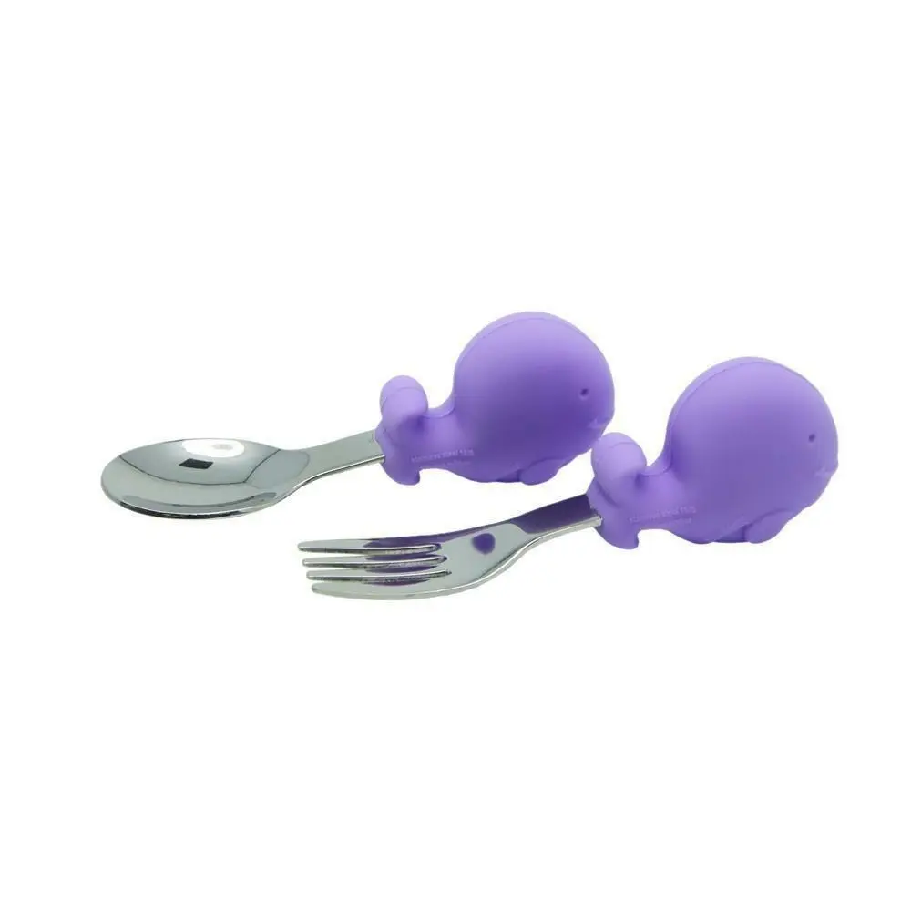 2x 2pc Marcus & Marcus Willo Whale Palm Grasp Cutlery Spoon/Fork Baby 18m+ Lilac