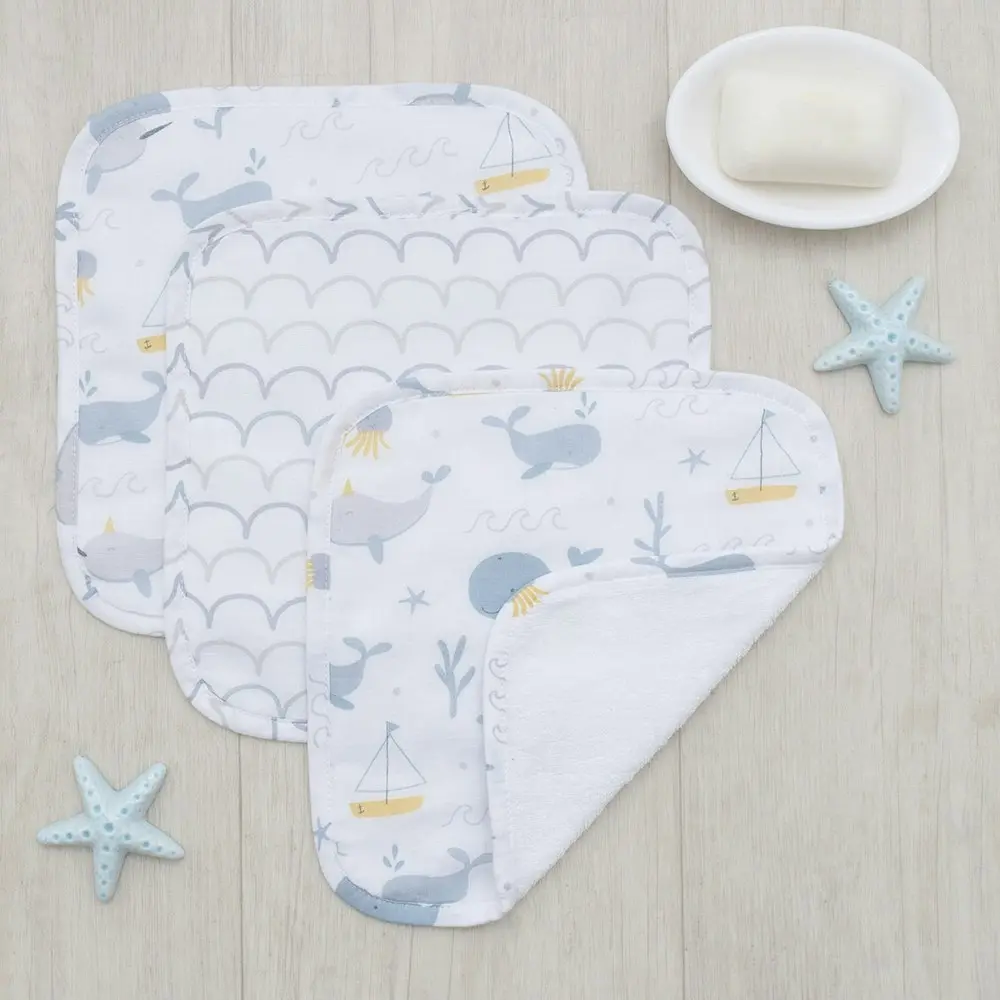 3pc Living Textiles Cotton Muslin Baby/Infant Bathroom Wash Cloths Whale Themed