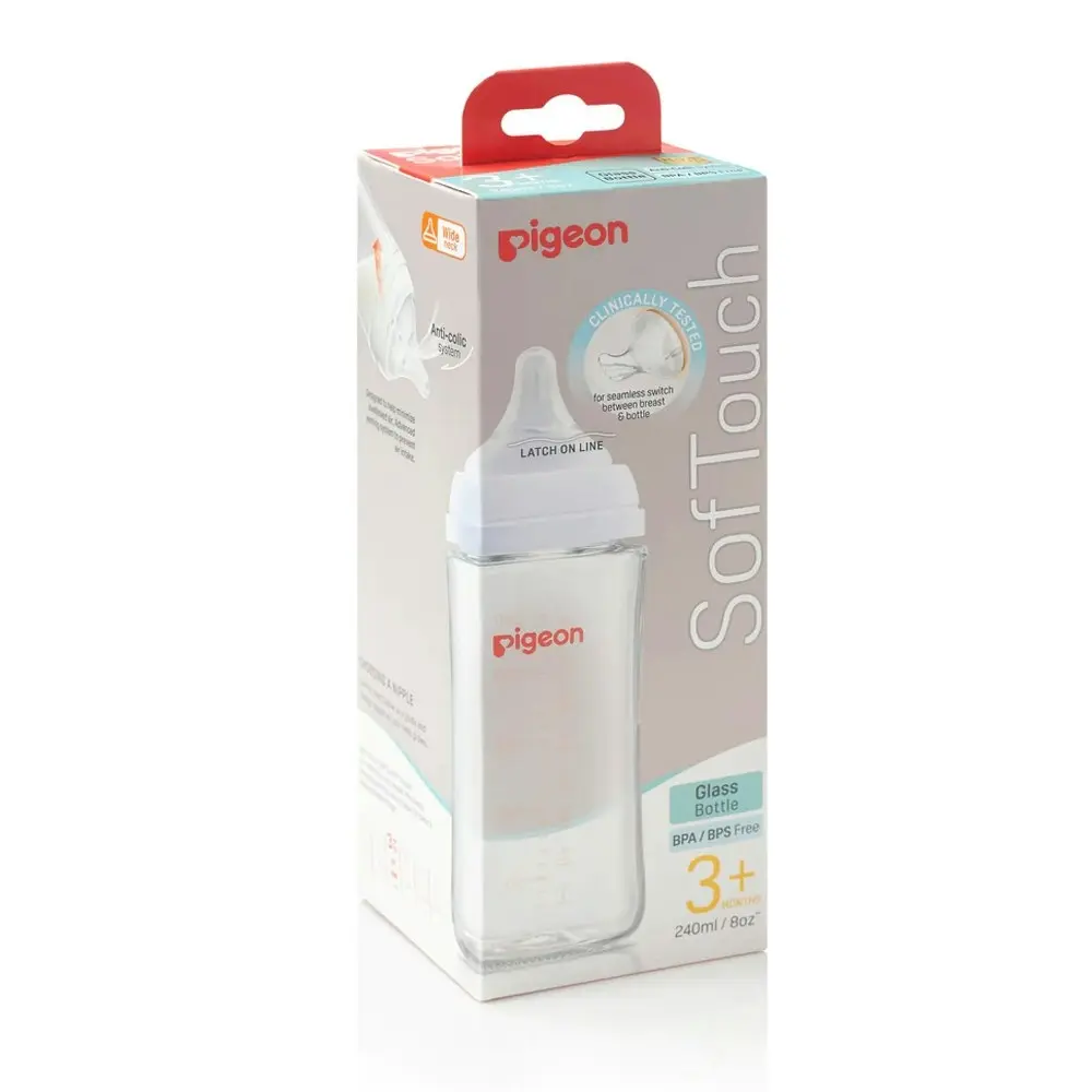 PIGEON Softouch lll Glass Drinking/Feeding Bottle Anti-Colic 240ml Baby 3m+