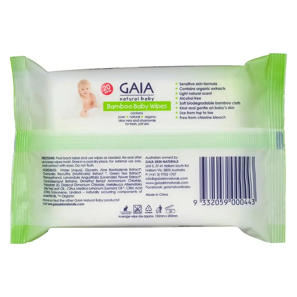 Gaia 40PK Natural/Pure/Organic Bamboo Baby/Kid Wipes Lightly Scent/Travel Pack