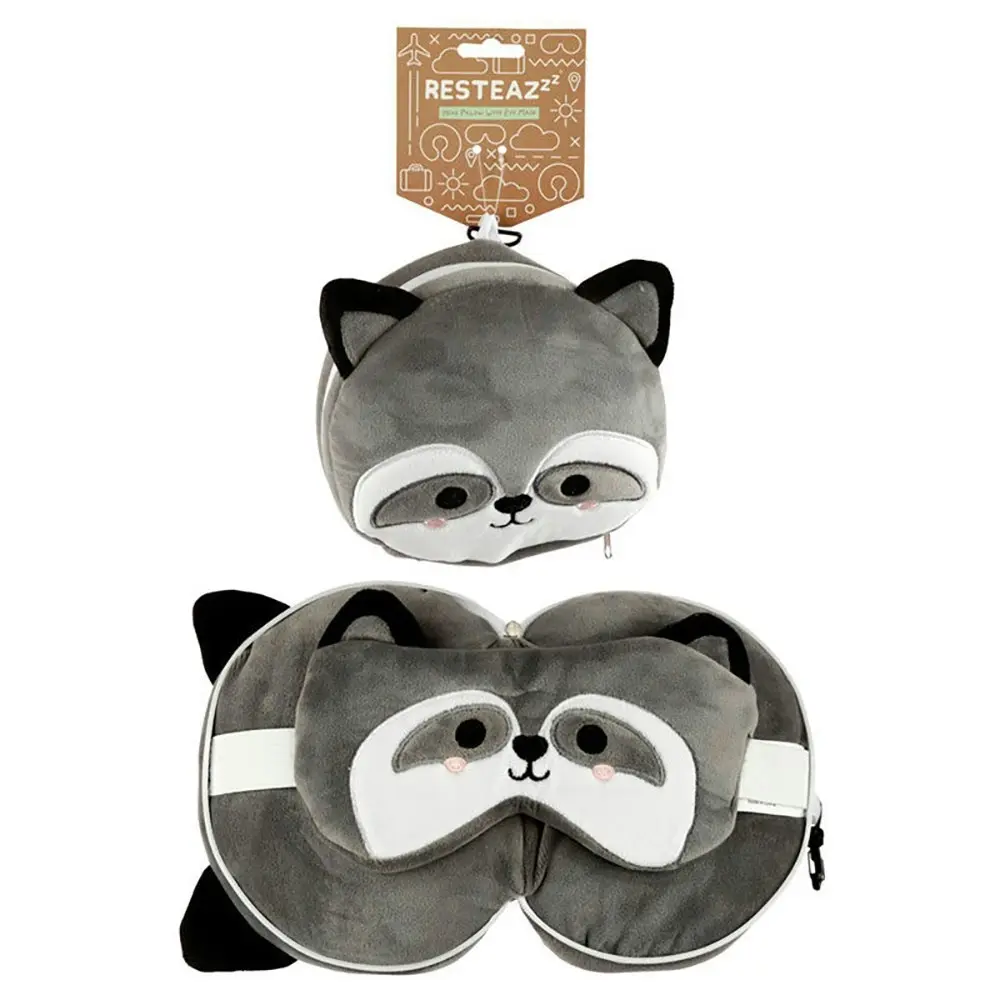 Relaxeazzz 15cm Raccoon Travel Pillow w/ Eye Mask 6y+ Kids/Adults Cushion Plush