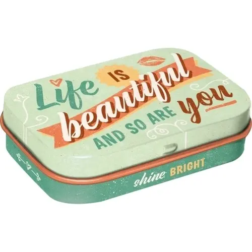 2x Nostalgic Art 4x6cm Metal Mint Box Tin Candy Life Is Beautiful and So Are You