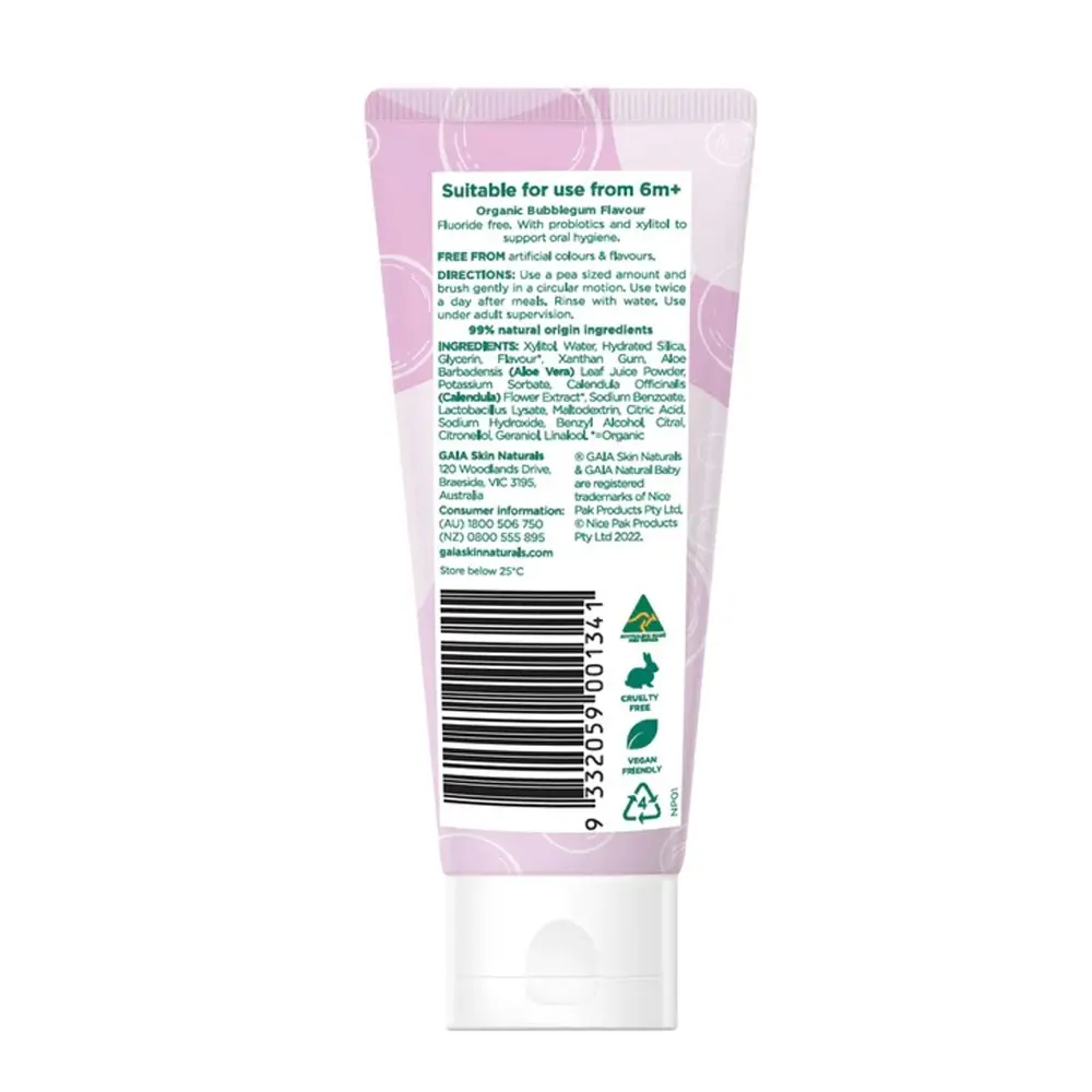 Gaia Natural Baby Oral Care Bubblegum Probiotic Fluoride Free Toothpaste 50g 6m+