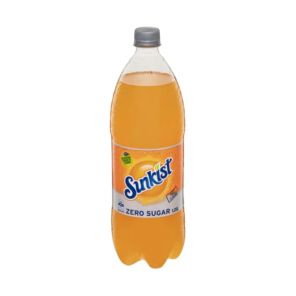 12pc Sunkist Zero Sugar Orange Flavoured Soft Drink Sparkling Soda Bottles 1.25L