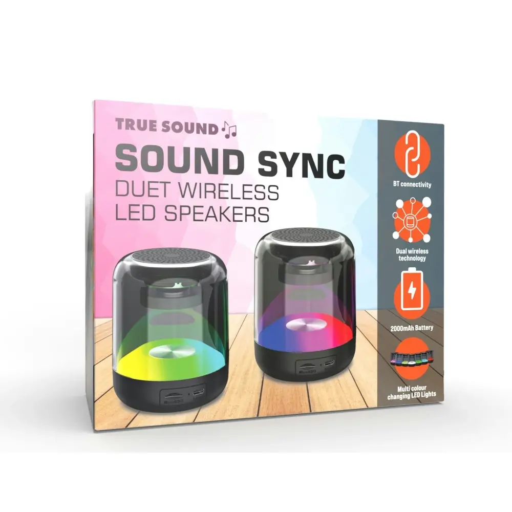 2pc True Sound LED Colour Changing 2000mAh Wireless Bluetooth Speaker Set