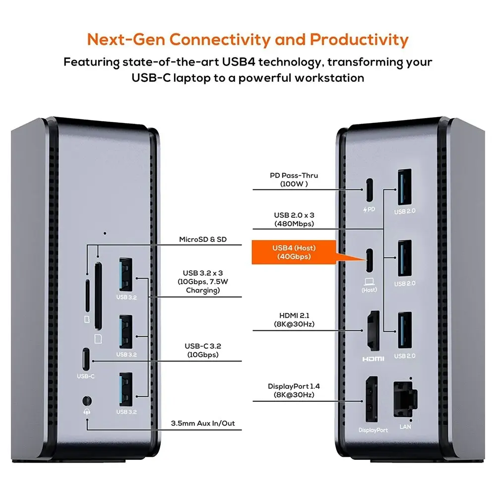 mBeat USB-C/SD 4.0 14 in 1 8K Laptop/PC Docking Station Space Grey MB-U4DOCK-01