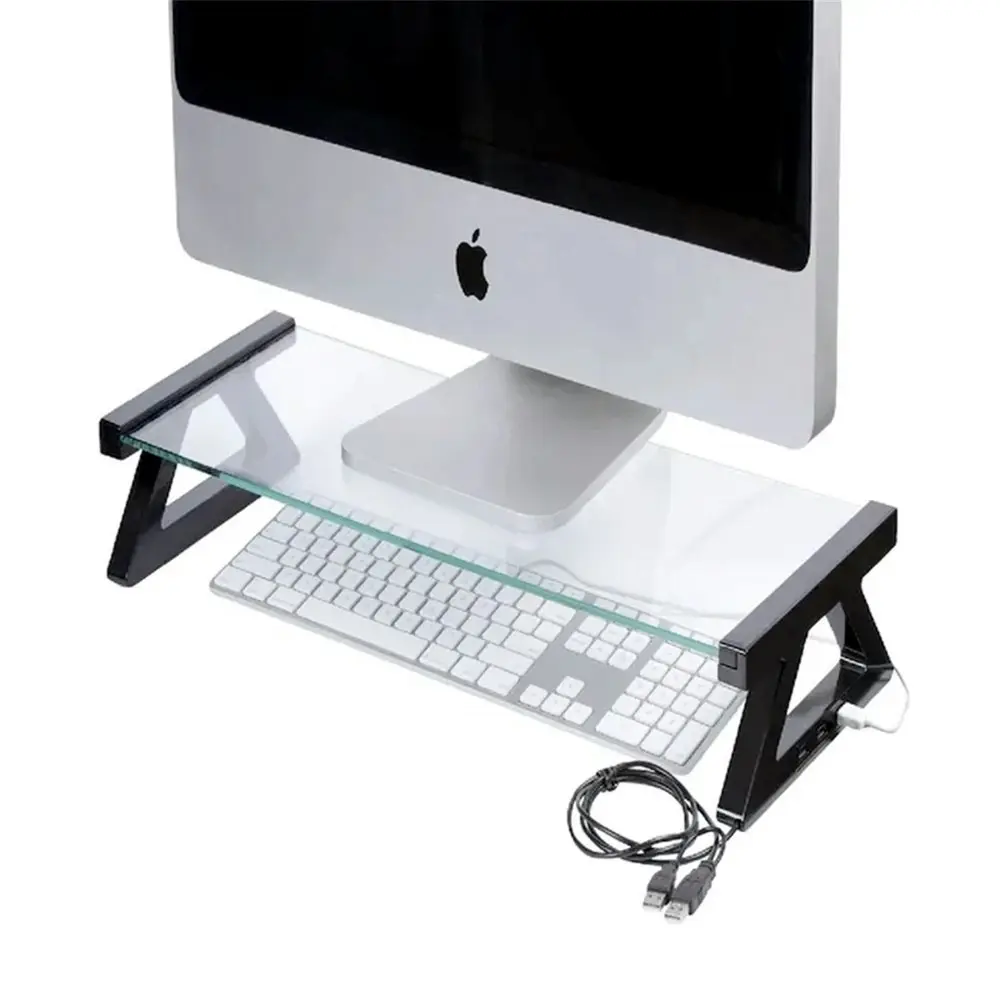 Kensington Glass Monitor Stand Screen Riser Organiser w/2.0 USB Hub K55320AU