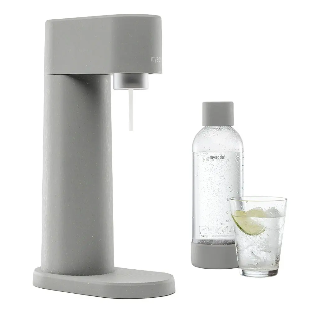 MySoda Woody Sparkling Soda Machine Fizzy Water Drink Maker w/1L Bottle Gray