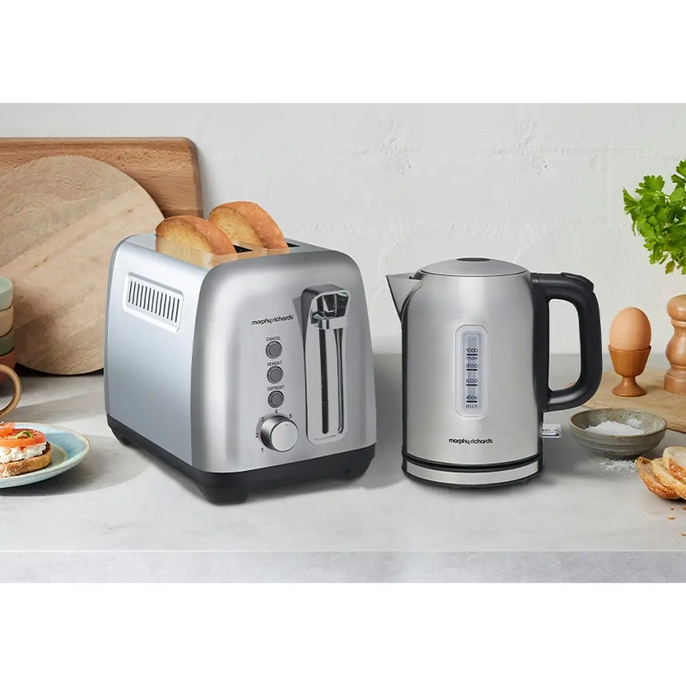 Morphy Richards Equip 1L Kettle MREK1SS & 2 Slice Toaster MREK1B Set Silver