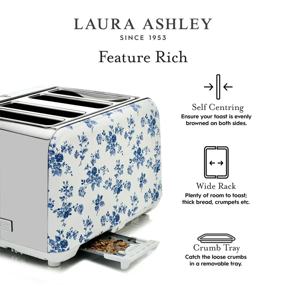 Laura Ashley 4 Slice Bread Toaster Stainless Steel w/ Wide Slots China Rose