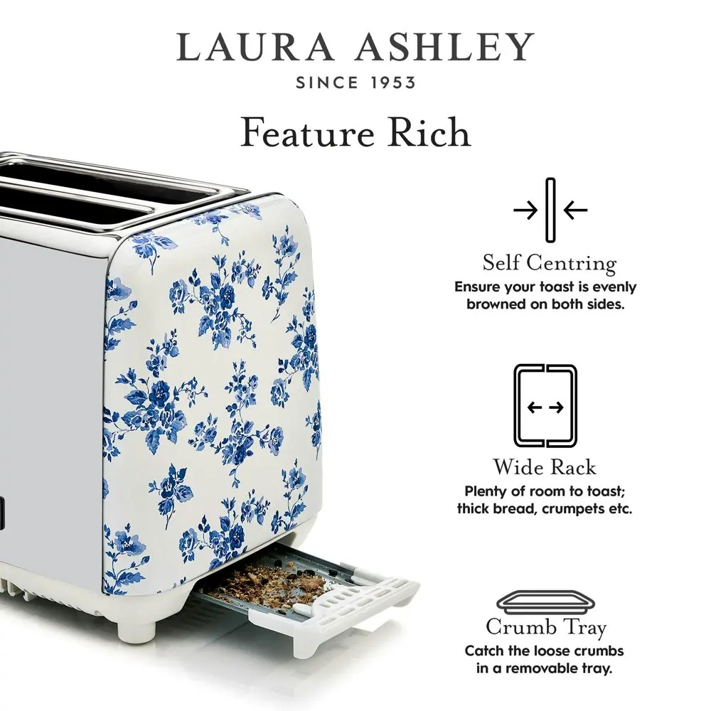 Laura Ashley 2-Slice Bread Toaster Stainless Steel w/ Wide Slots China Rose