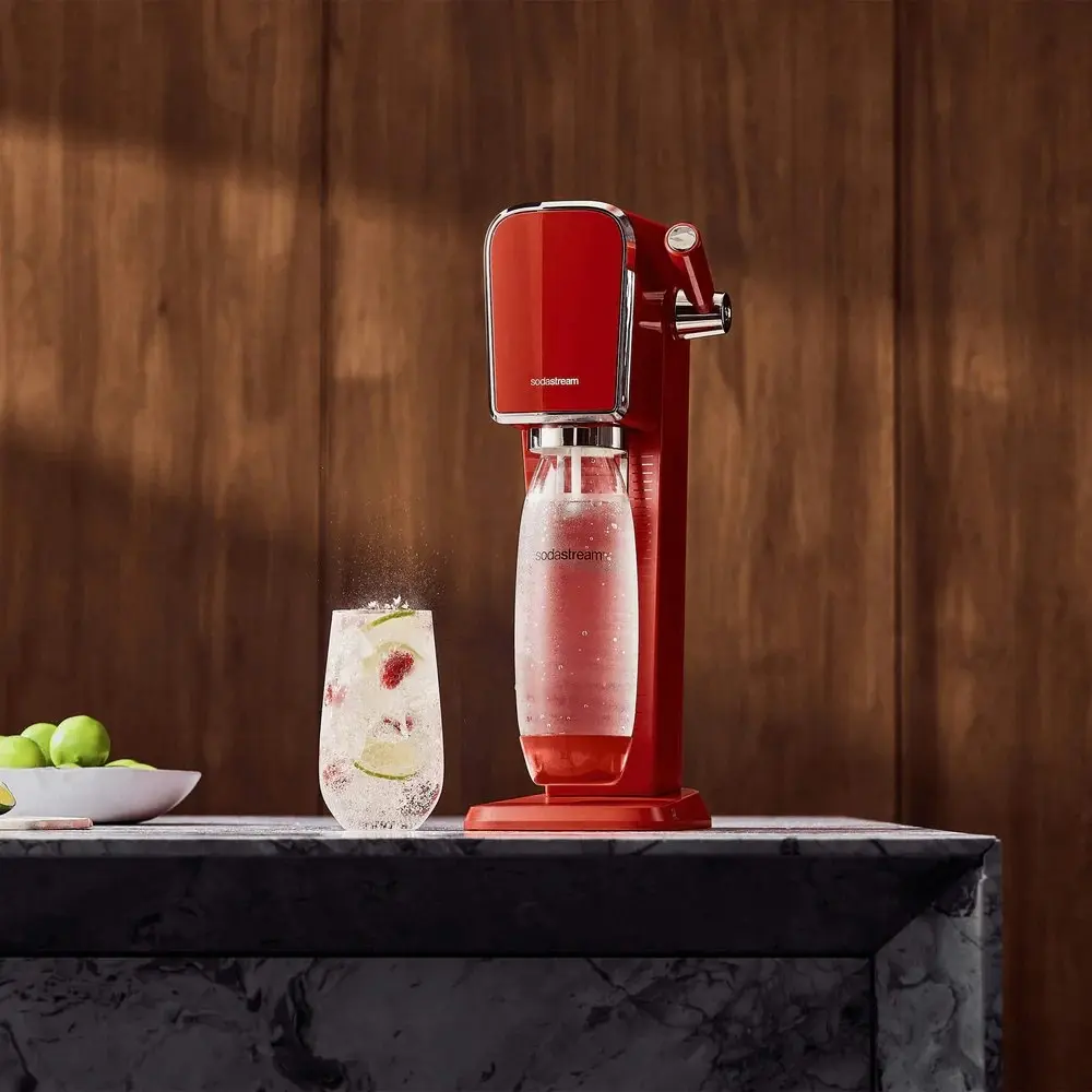 SodaStream Art Sparkling Water Maker w/60L Gas Cylinder & 1L Bottle Mandarin Red