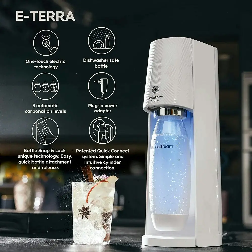 SodaStream E-Terra Automatic Sparkling Water Maker w/60L Cylinder/1L Bottle WHT