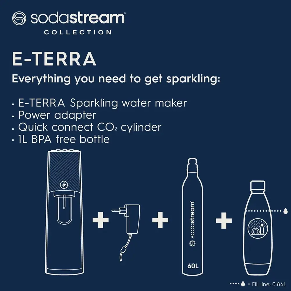 SodaStream E-Terra Automatic Sparkling Water Maker w/60L Cylinder/1L Bottle WHT