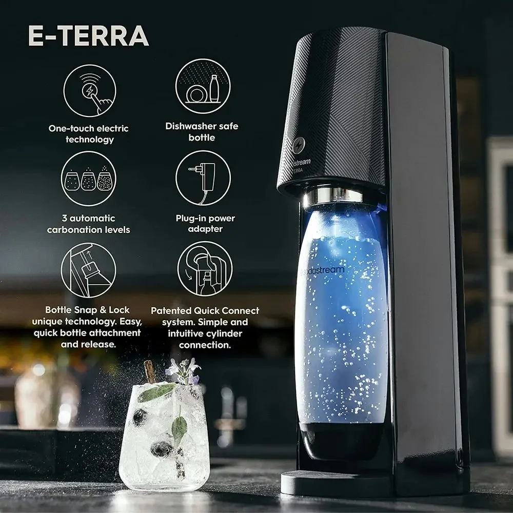 SodaStream E-Terra Automatic Sparkling Water Maker w/60L Cylinder/1L Bottle BLK