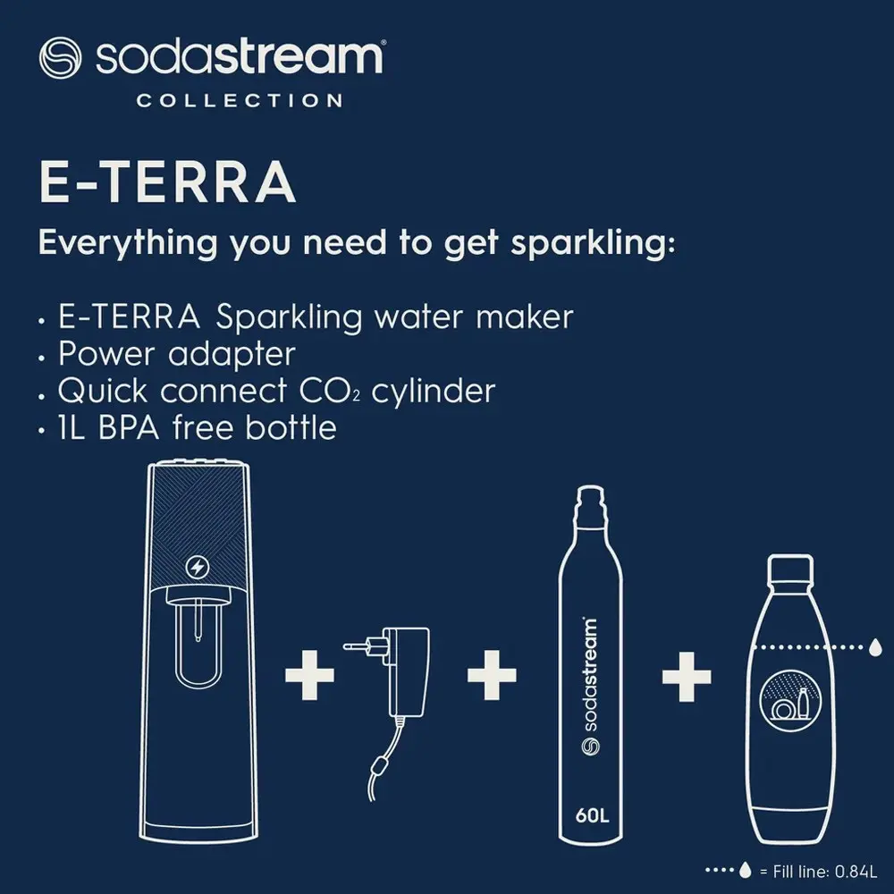 SodaStream E-Terra Automatic Sparkling Water Maker w/60L Cylinder/1L Bottle BLK