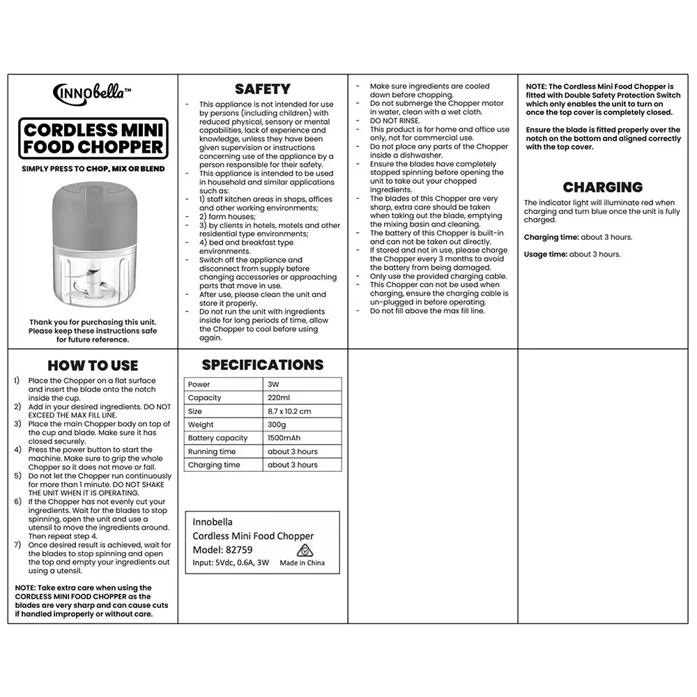 Innobella Cordless 1500mAh Mini USB 220ml Herb/Food Chopper/Blender 10.5x9cm