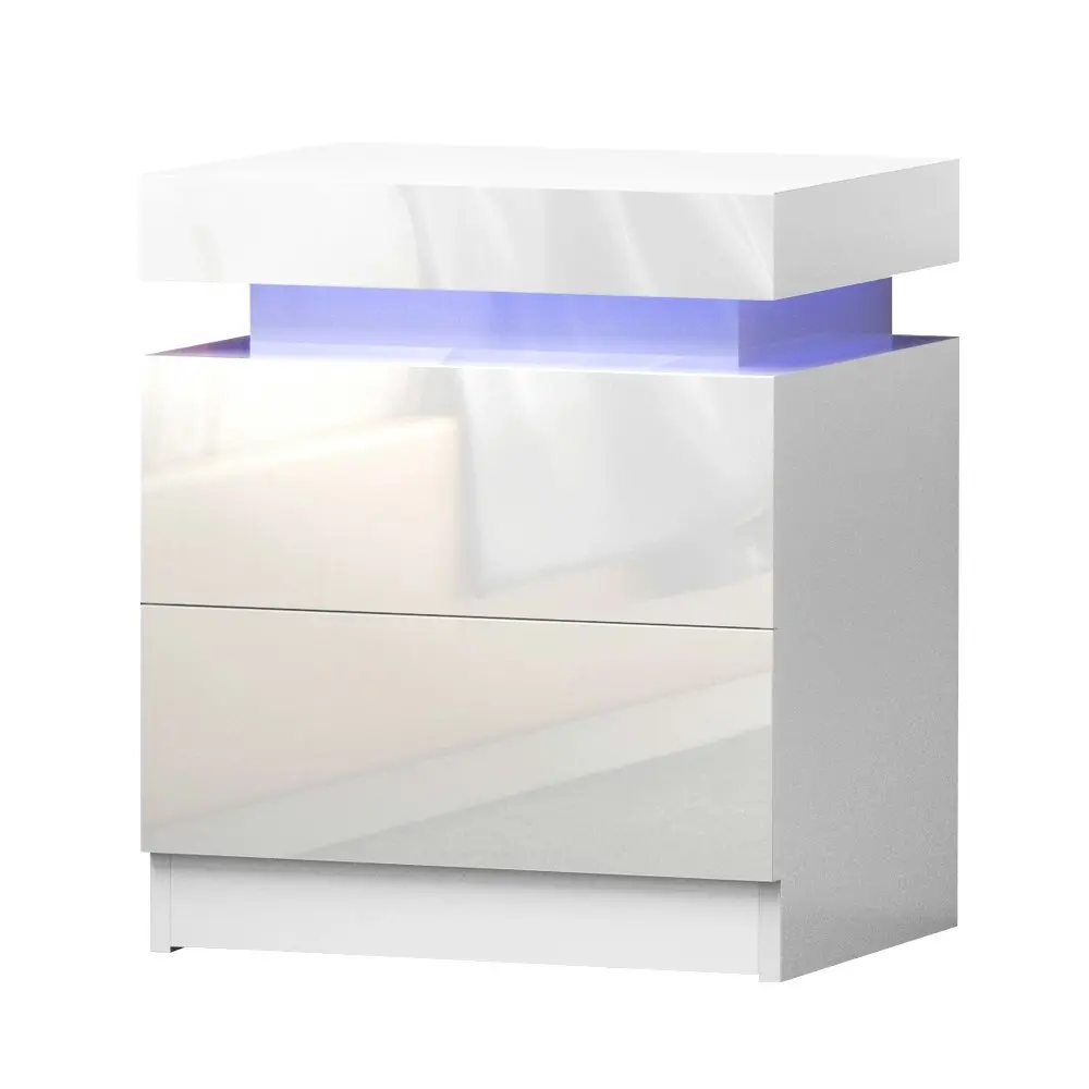 Artiss Bedside Table LED 2 Drawers Lift-up Storage - COLEY White