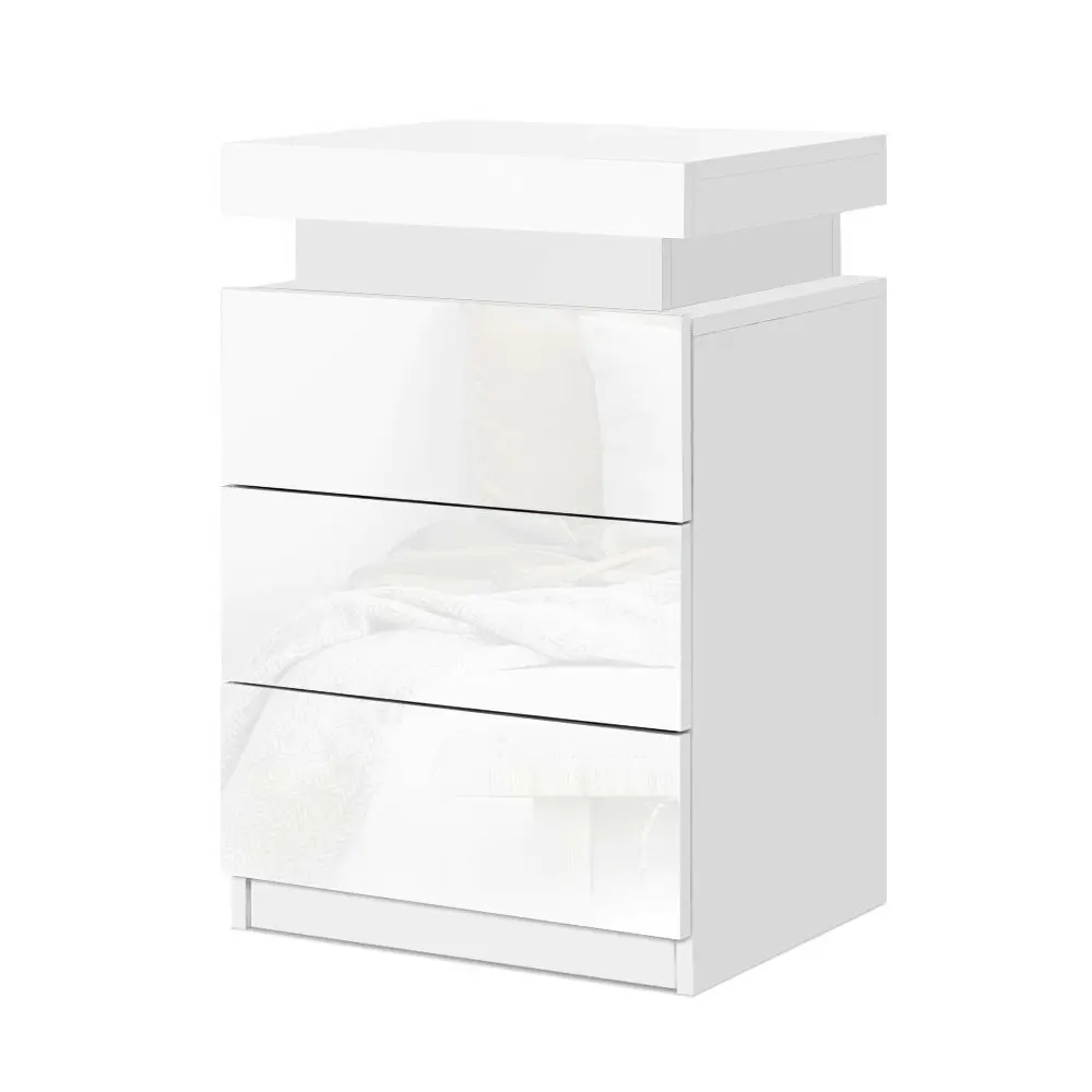 Artiss Bedside Table LED 3 Drawers - COLEY White