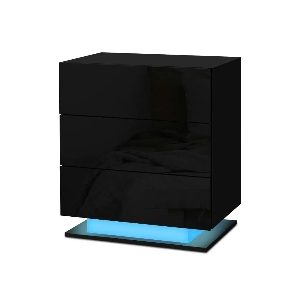 Artiss Bedside Table LED 3 Drawers - MORI Black