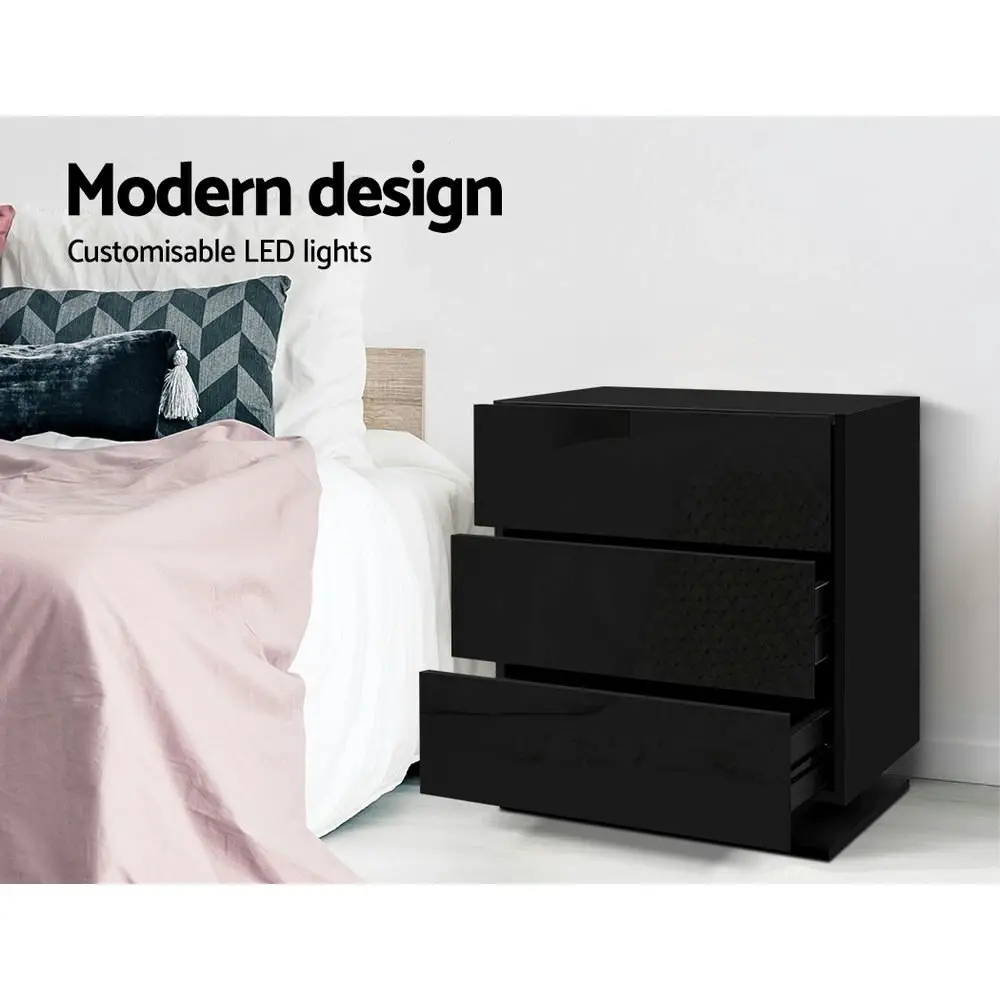 Artiss Bedside Table LED 3 Drawers - MORI Black