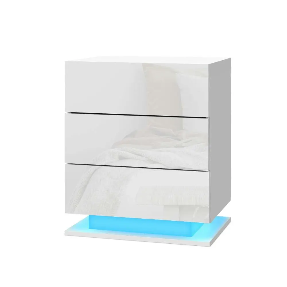 Artiss Bedside Table LED 3 Drawers - MORI White