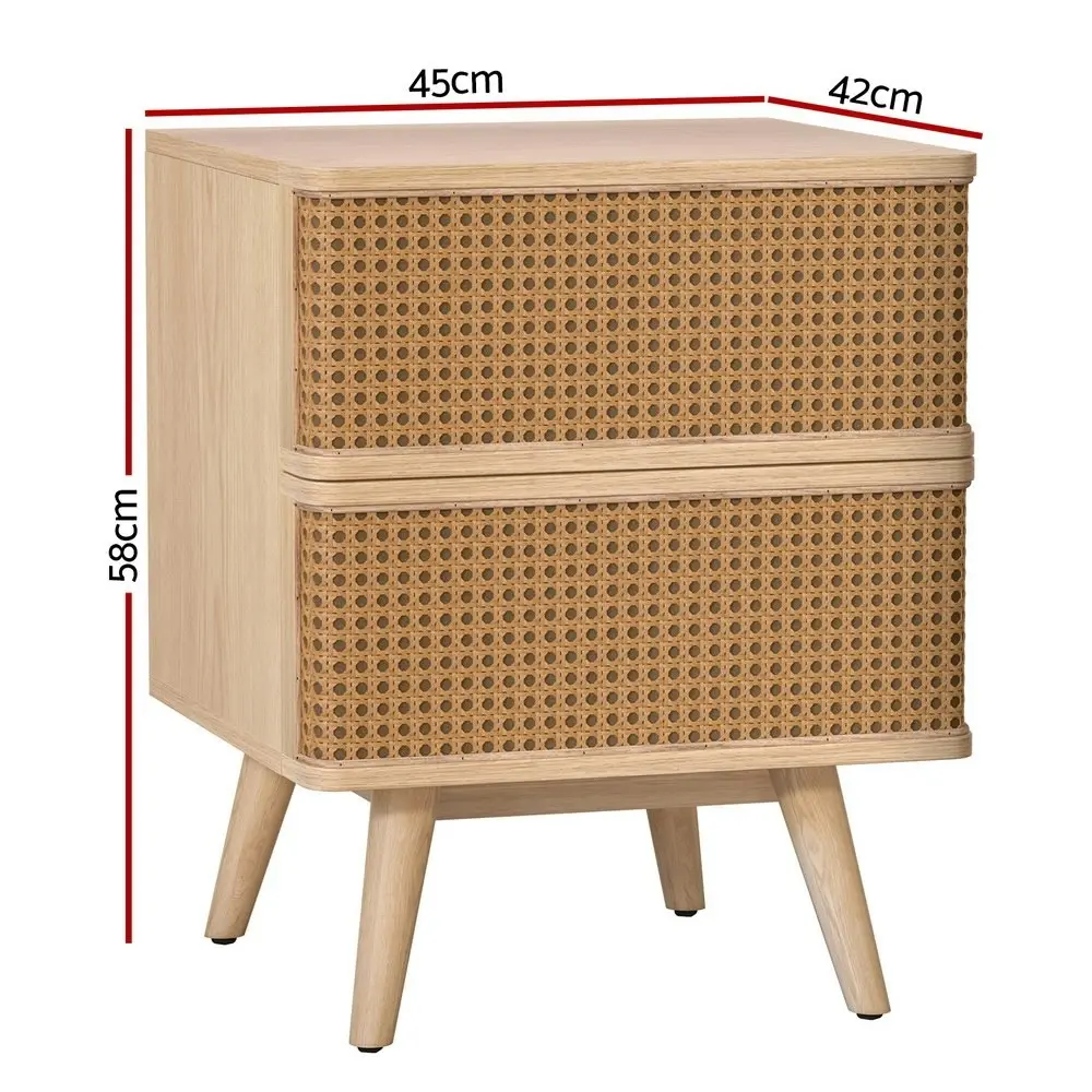 Artiss Bedside Table Rattan 2 Drawers - NORA Pine