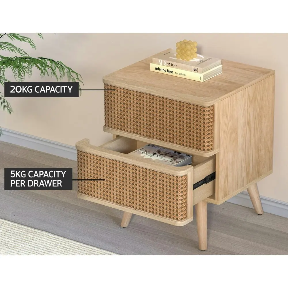 Artiss Bedside Table Rattan 2 Drawers - NORA Pine