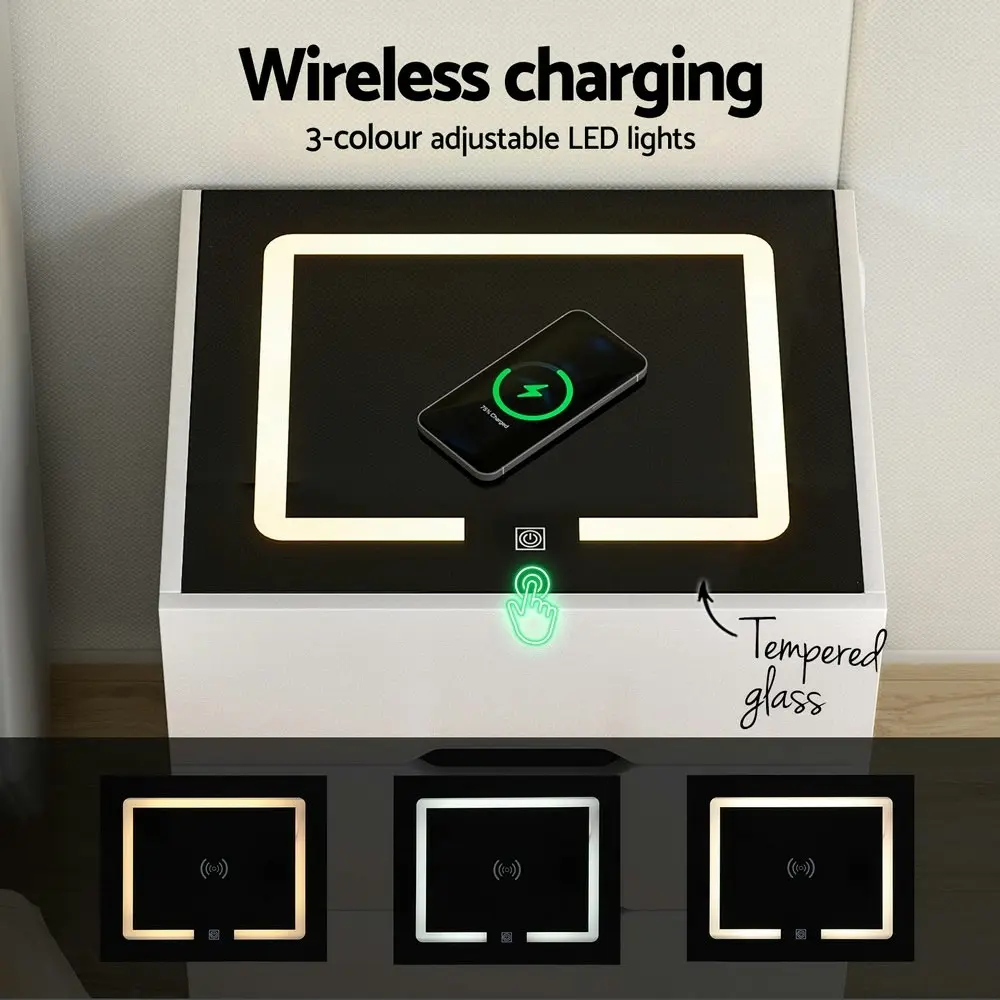 Artiss Smart Bedside Table with Wireless Charging - ADAD White