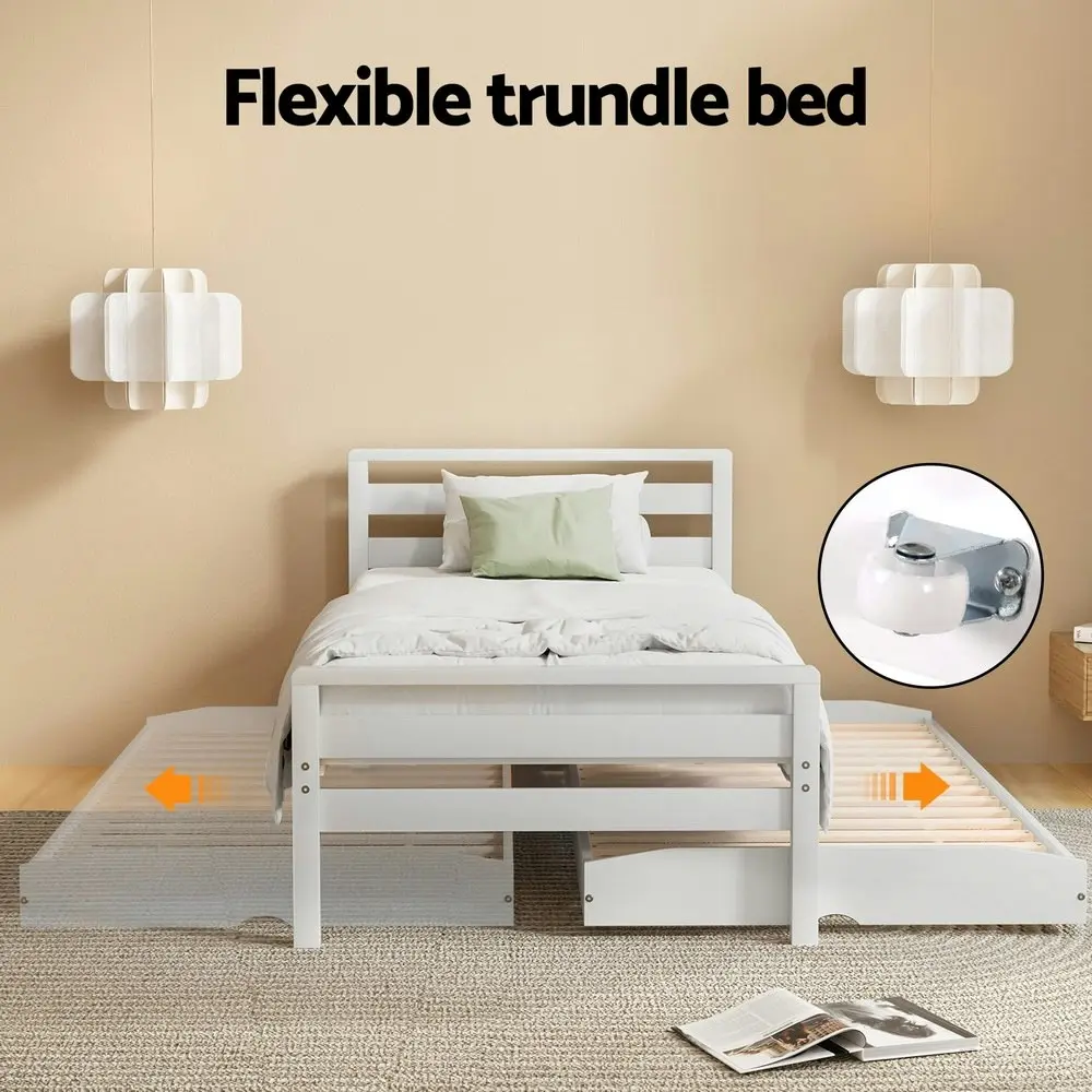 Artiss Bed Frame Single Size 2-in-1 Trundle Wooden White AVIS