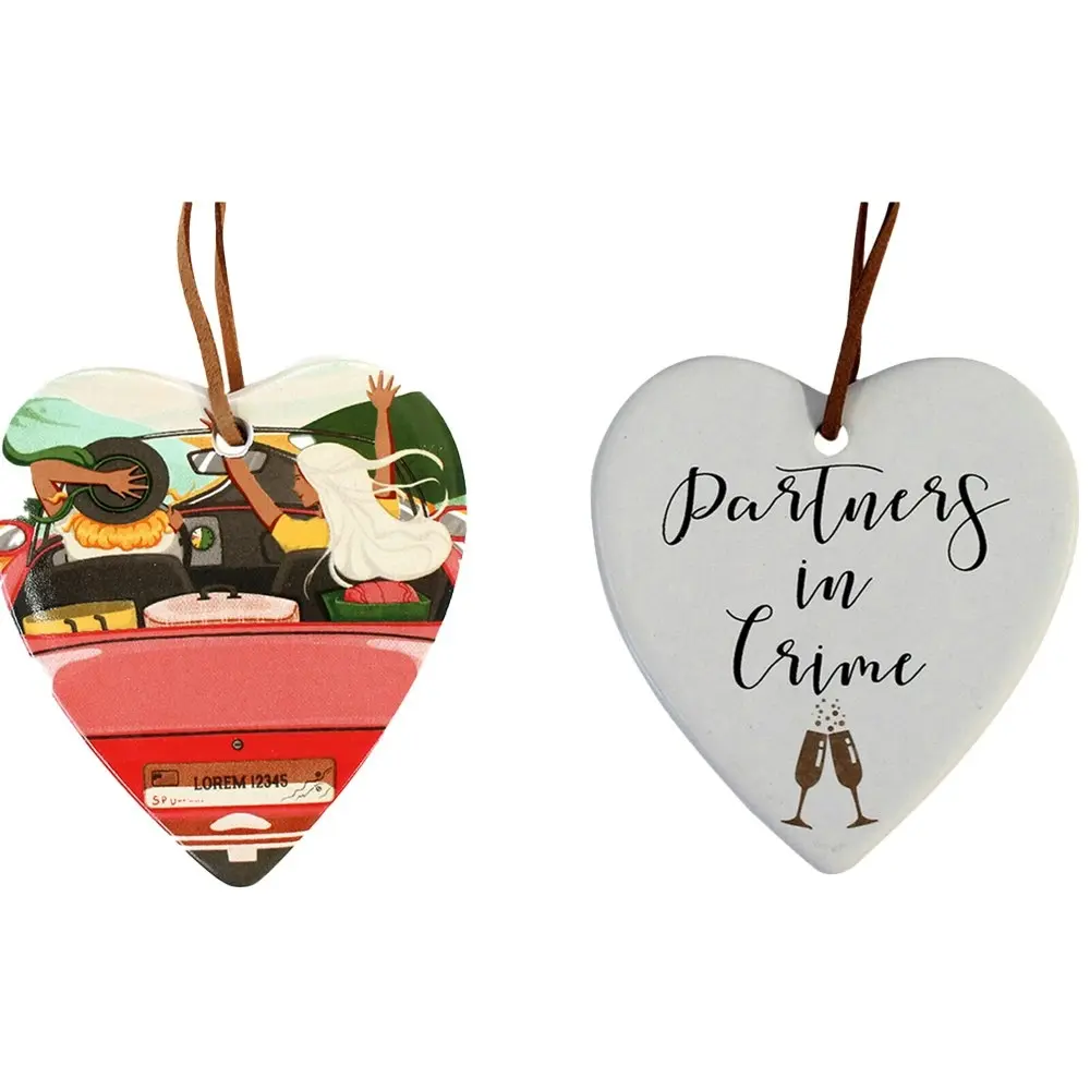 3x Ceramic Hanging 8x9cm Heart Partners Crime Ornament w/ Hanger Home Room Decor