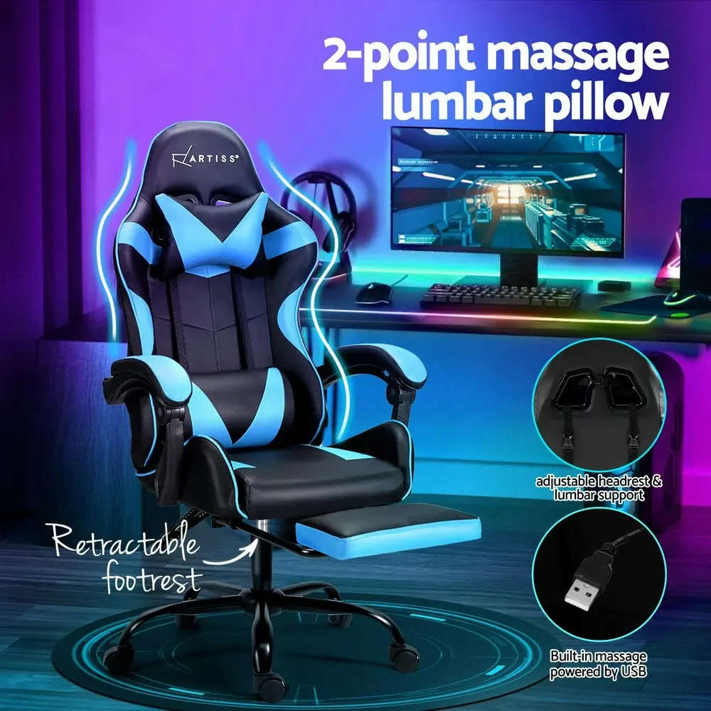 Artiss 2 Point Massage Gaming Office Chair Footrest Cyan Blue