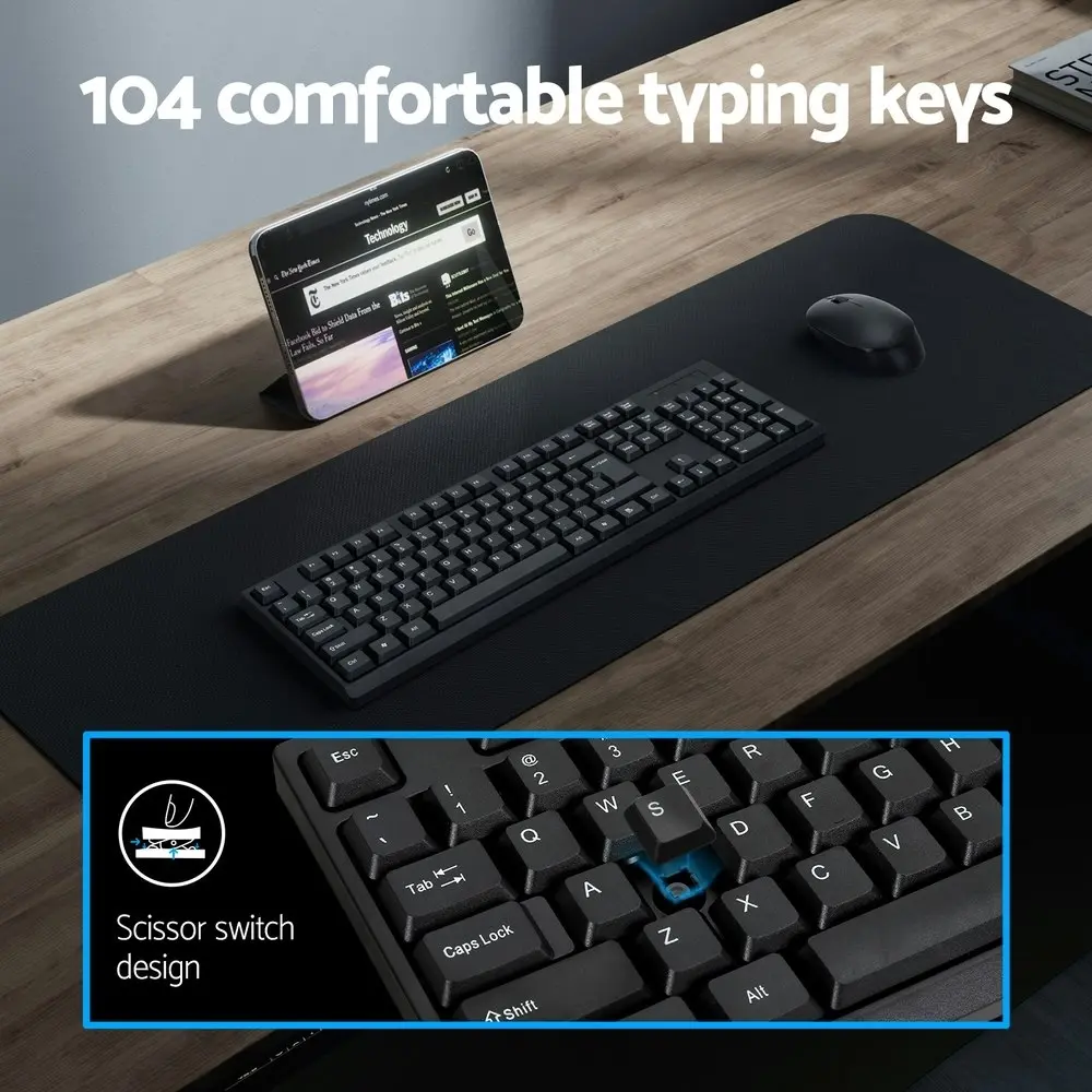 Wireless Keyboard and Mouse Combo Bluetooth Set for PC Laptop Phone Tablet 104 Keys Black