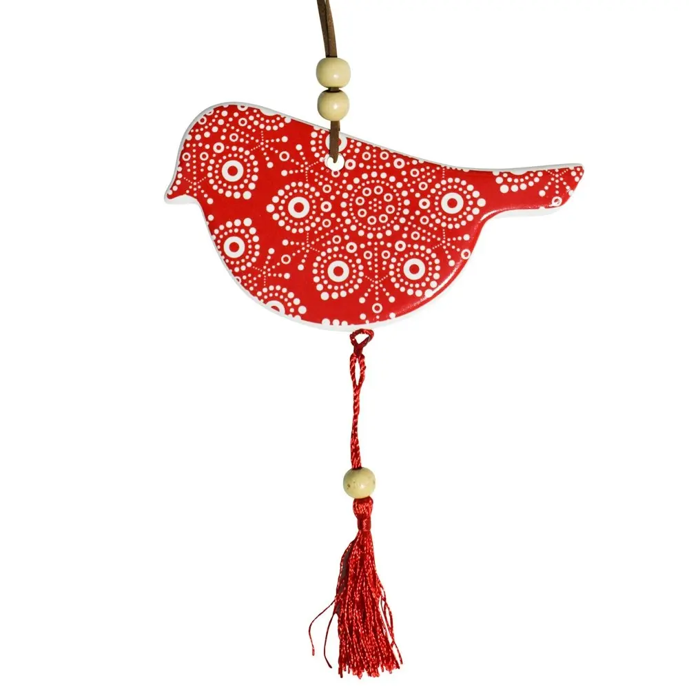 2x Ceramic Hanging 12cm Bird Indigenous w/ Tassel/Hanger Ornament Home Decor Red