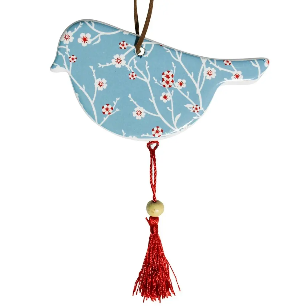 2x Ceramic Hanging 12cm Bird Blossom w/ Tassel/Hanger Ornament Home Decor Blue