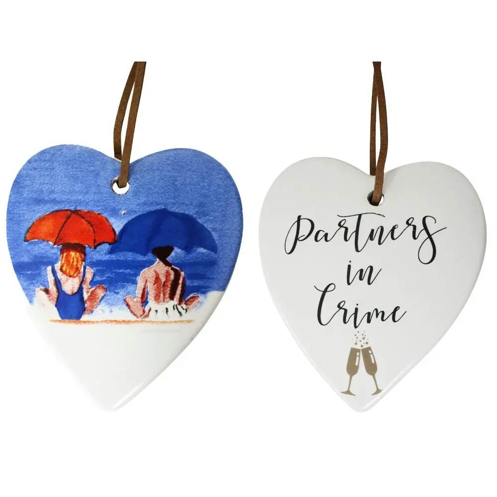 3x Ceramic Hanging 9cm Heart Partners In Crime Ornament w/Hanger Home Room Decor