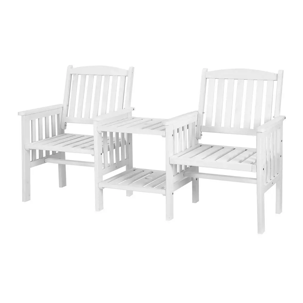 Gardeon Outdoor Garden Bench Loveseat Wooden Table Chairs Patio Furniture White